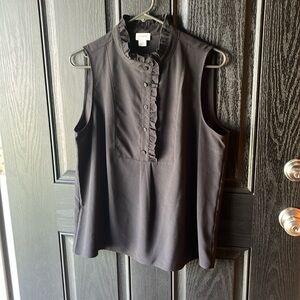 J. Crew black sleeveless blouse with ruffle and button detailing, size 12